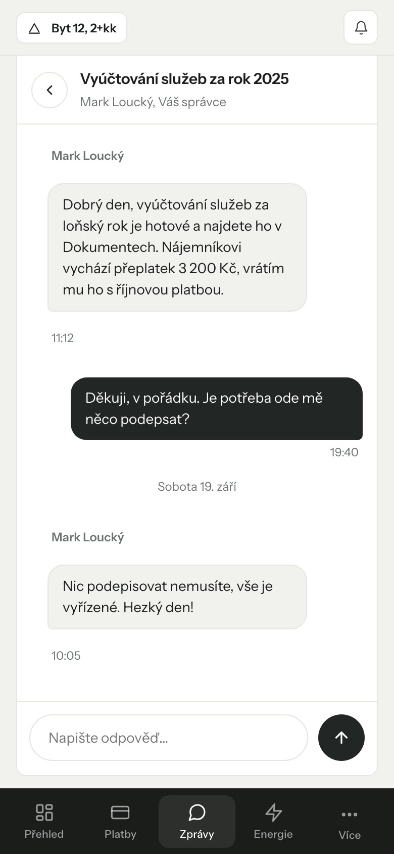 Klientská zóna v telefonu: zprávy se správcem
